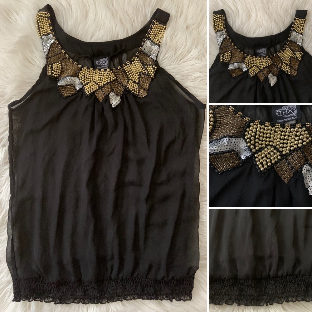 Sheer black sleeveless top with beaded collar line / Size M